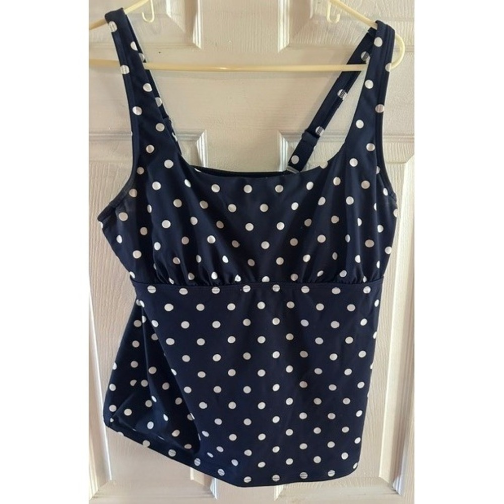 Lands End Navy Blue Polka Dot Underwire Tankini Swim Top Womens 14 DD